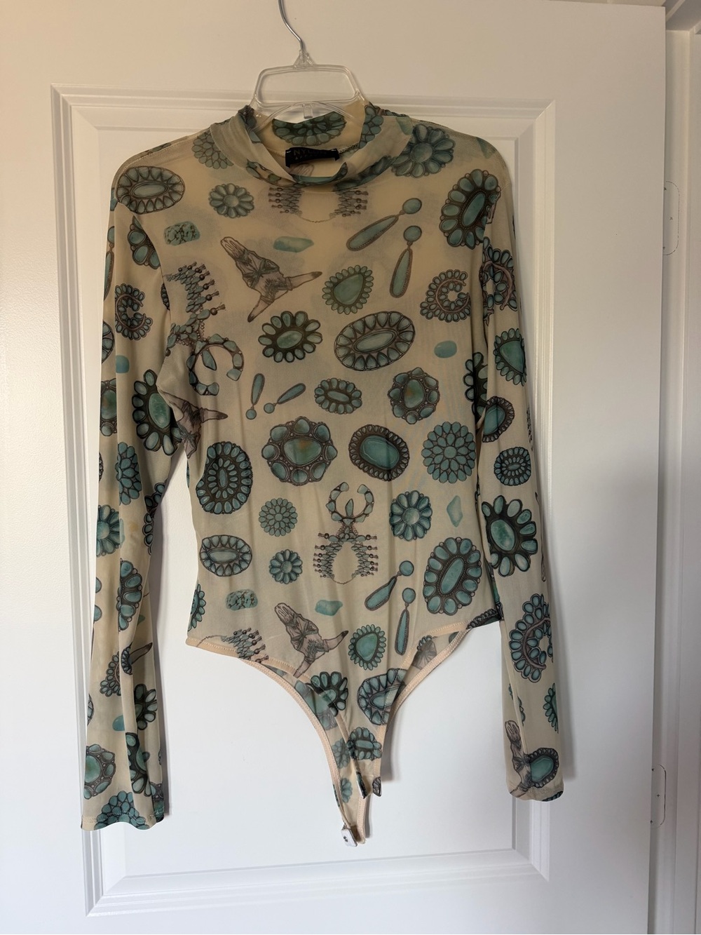 Beige Sheer Long Sleeve Bodysuit with Teal Floral Medallions